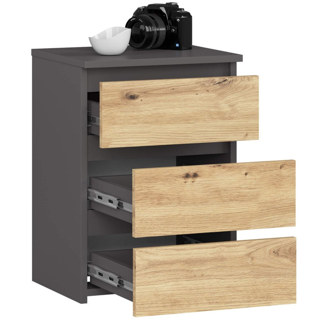 Noptiera cu 3 sertare, PAL laminat 16 mm, 40x35x57 cm, gri si stejar artisan — imaginea 2
