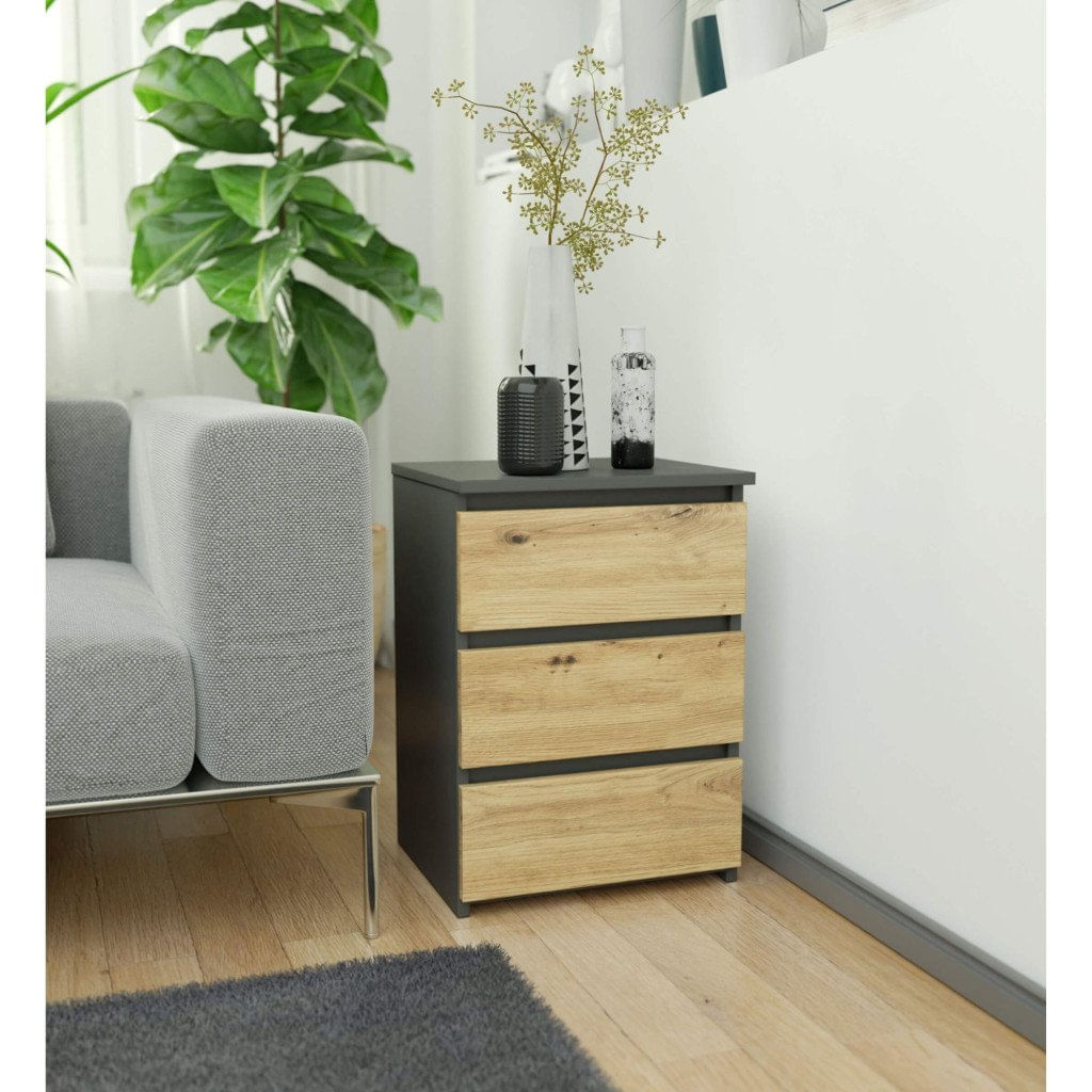 Noptiera cu 3 sertare, PAL laminat 16 mm, 40x35x57 cm, gri si stejar artisan — imaginea 3