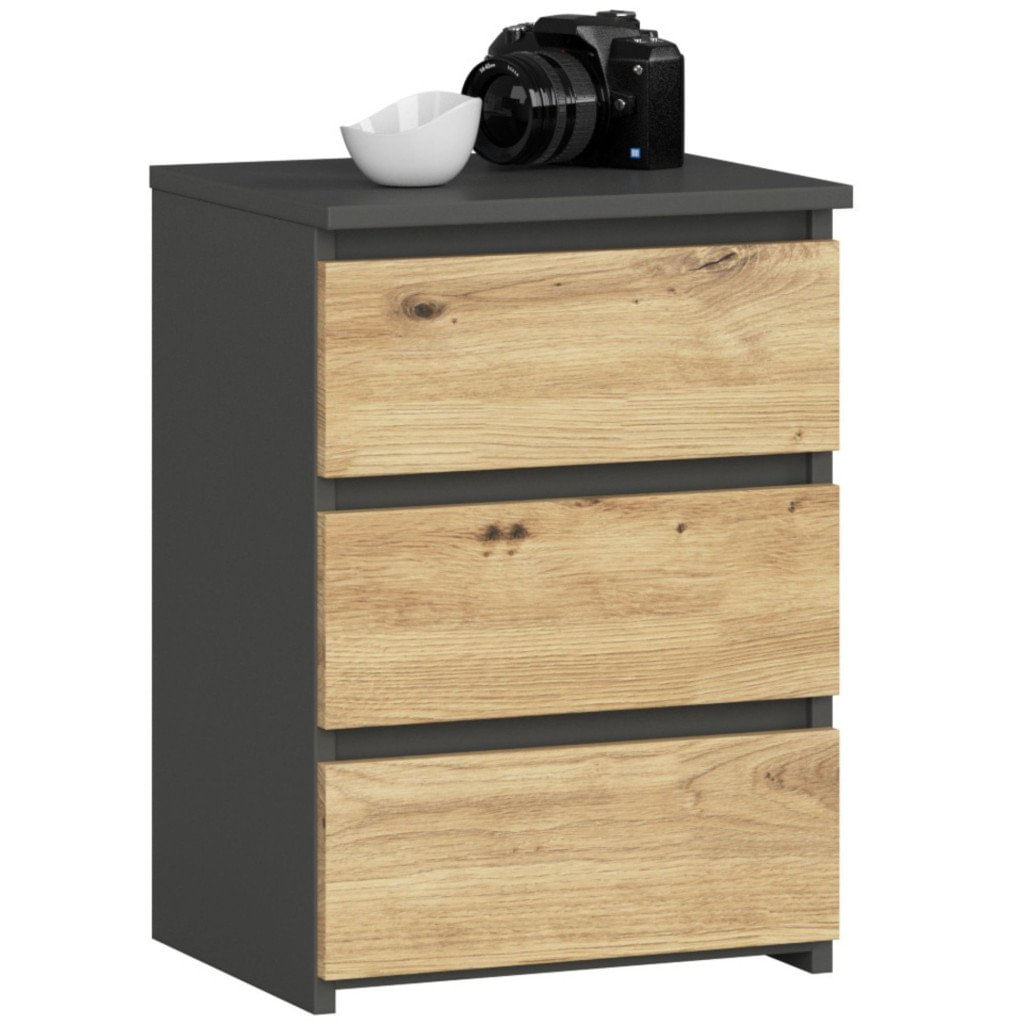 Noptiera cu 3 sertare, PAL laminat 16 mm, 40x35x57 cm, gri si stejar artisan — imaginea 4
