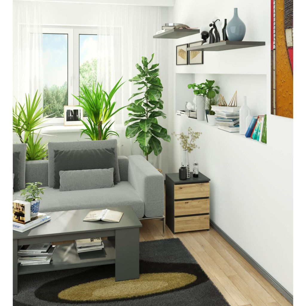 Noptiera cu 3 sertare, PAL laminat 16 mm, 40x35x57 cm, gri si stejar artisan — imaginea 6