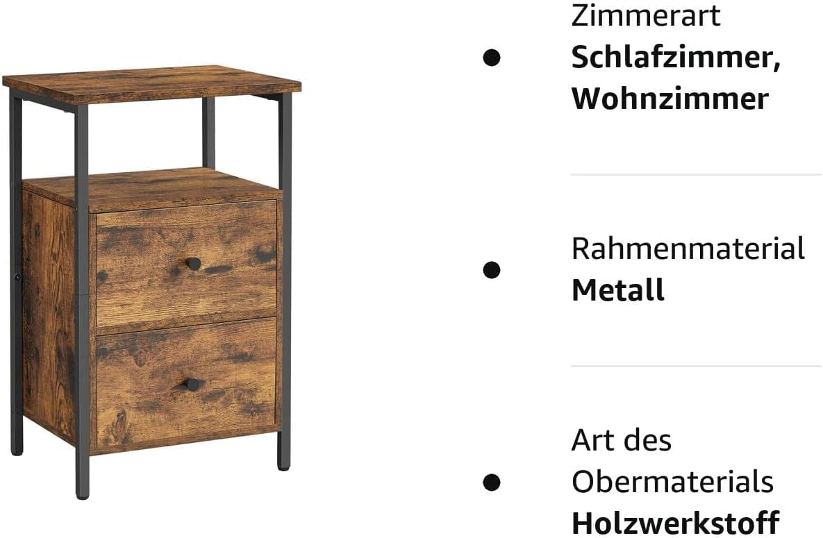 Noptiera cu 2 sertare pentru dormitor, design industrial, 28x38x60cm, maro si negru — imaginea 2