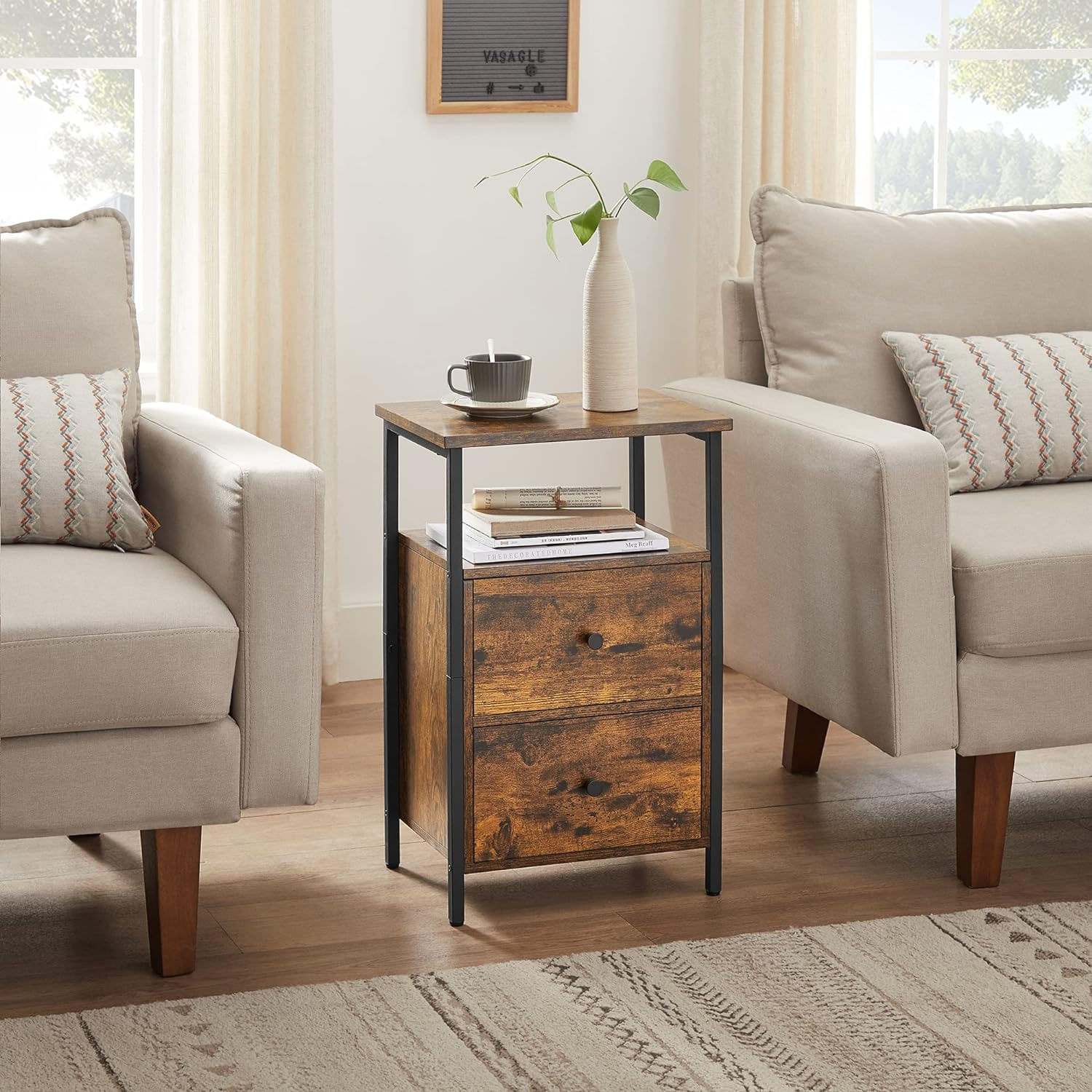 Noptiera cu 2 sertare pentru dormitor, design industrial, 28x38x60cm, maro si negru — imaginea 3