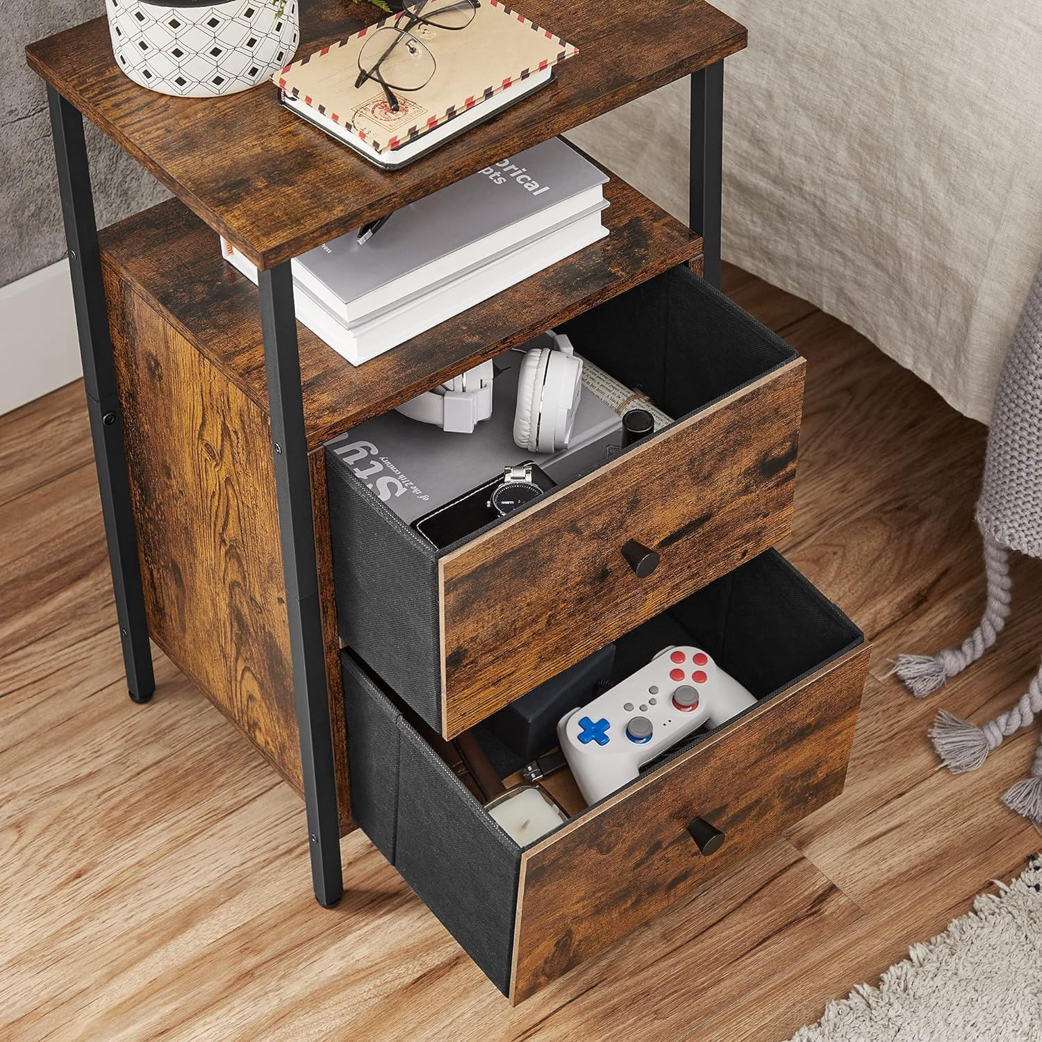Noptiera cu 2 sertare pentru dormitor, design industrial, 28x38x60cm, maro si negru — imaginea 9