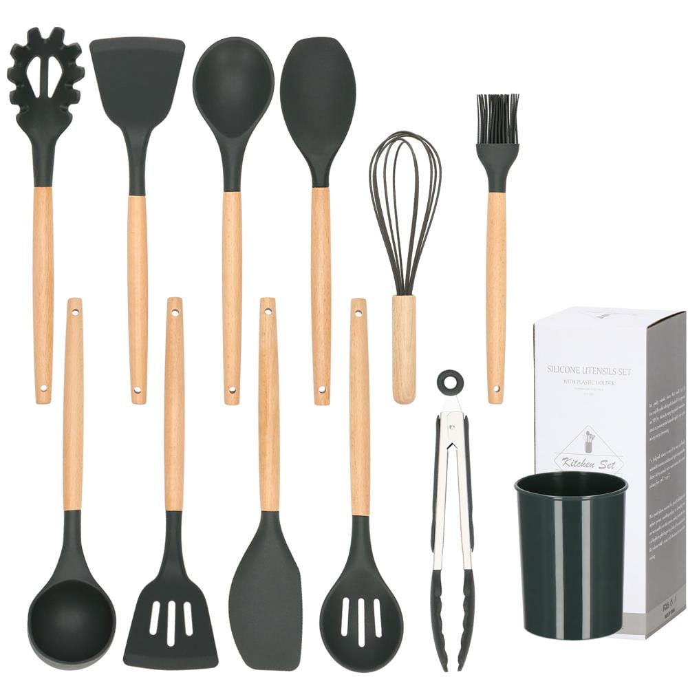 Set Sersimo 12 ustensile de bucatarie din silicon termorezistent si maner din bambus, gri — imaginea 9
