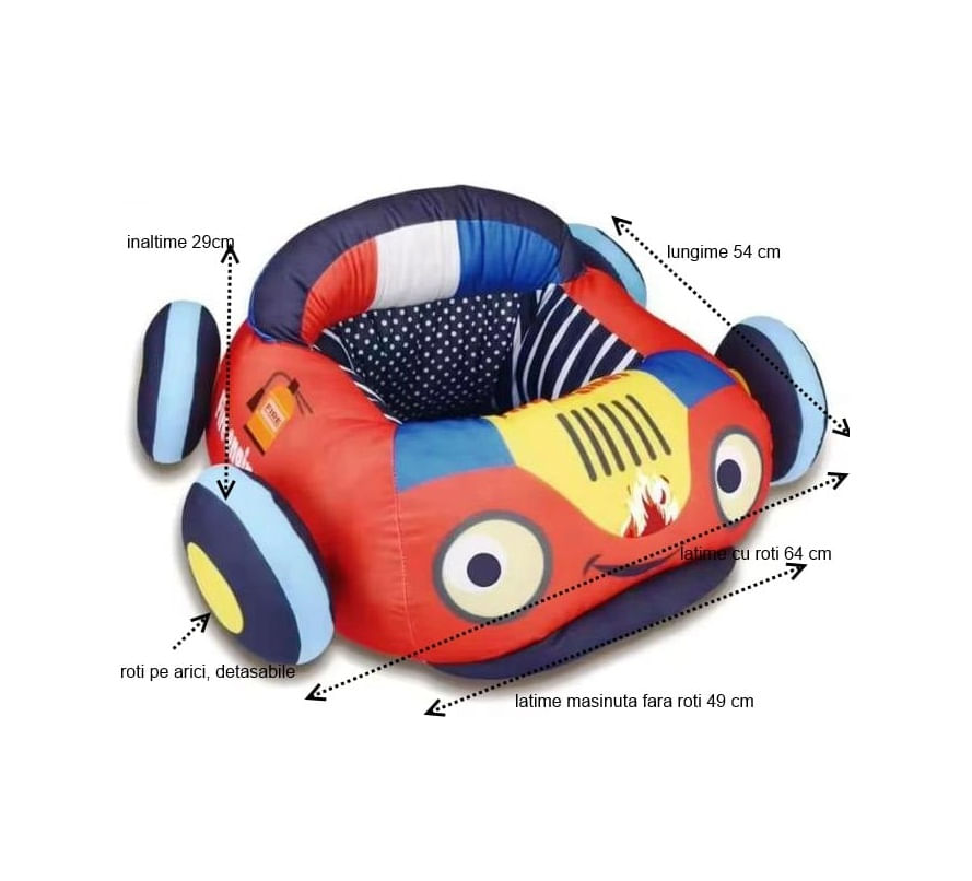 Fotoliu Puf Moale 3in1 pentru Bebelusi, Masina de Pompieri, din Plus, Roti Detasabile, Confortabil pt Sedere, Joaca, +6m — imaginea 2