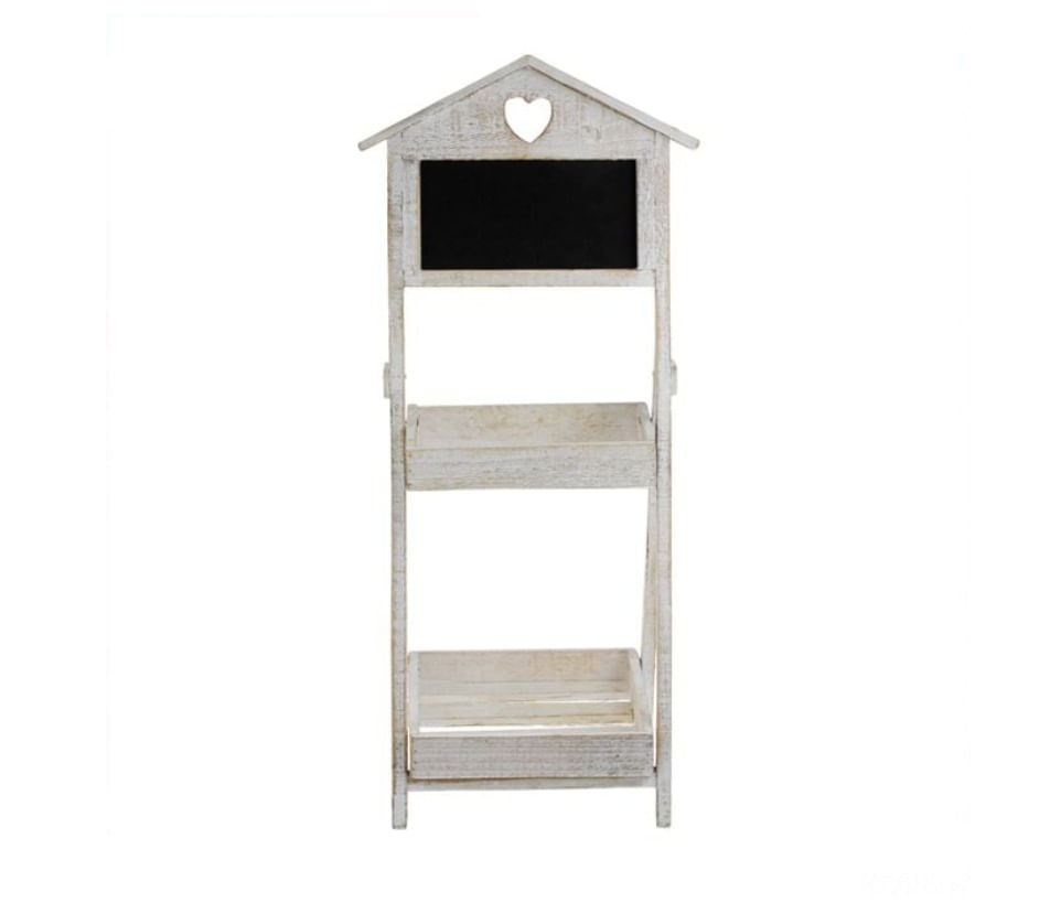 Suport Ghivece din Lemn Alb Vintage cu Doua Nivele si Tabla Neagra, 36x29x80cm