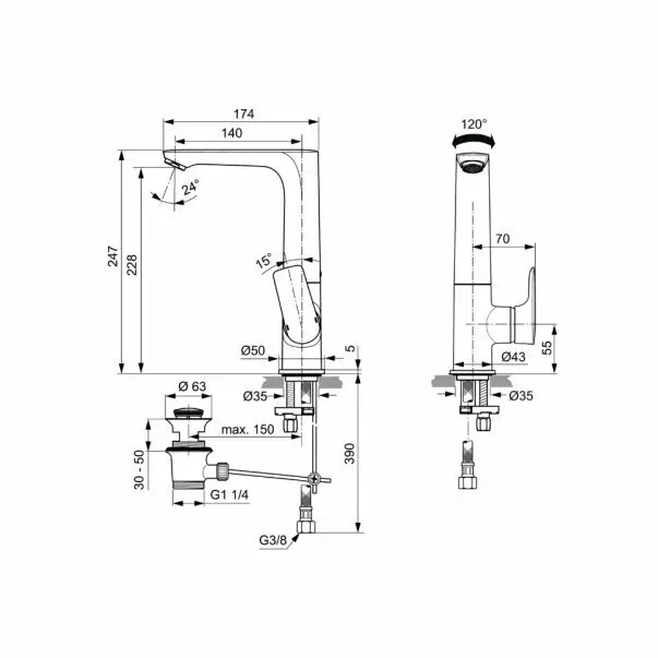 Baterie lavoar Ideal Standard Connect Air cu pipa inalta — imaginea 3