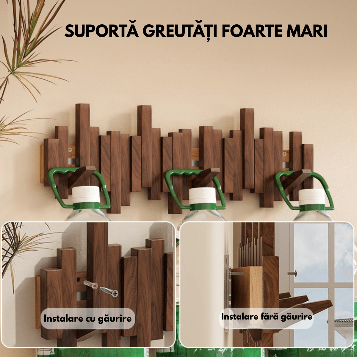 Cuier – Suport perete pentru Haine din Lemn Masiv cu 6 Carlige Ascunse, Design Modern - Montaj Usor, 41x20 CM