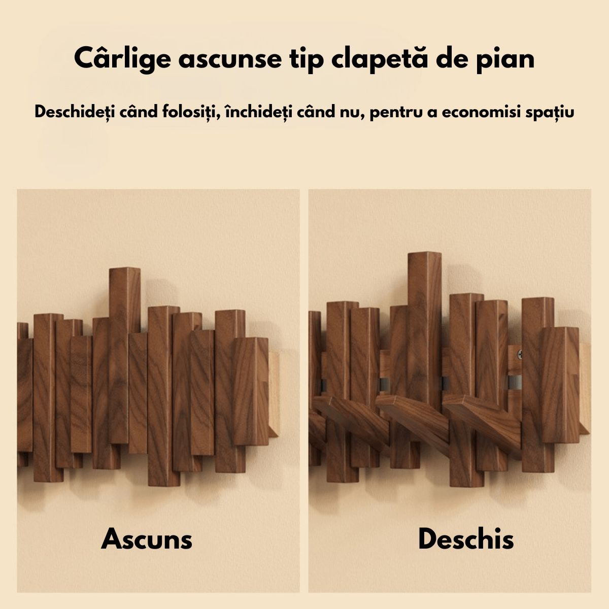 Cuier – Suport perete pentru Haine din Lemn Masiv cu 6 Carlige Ascunse, Design Modern - Montaj Usor, 41x20 CM — imaginea 3