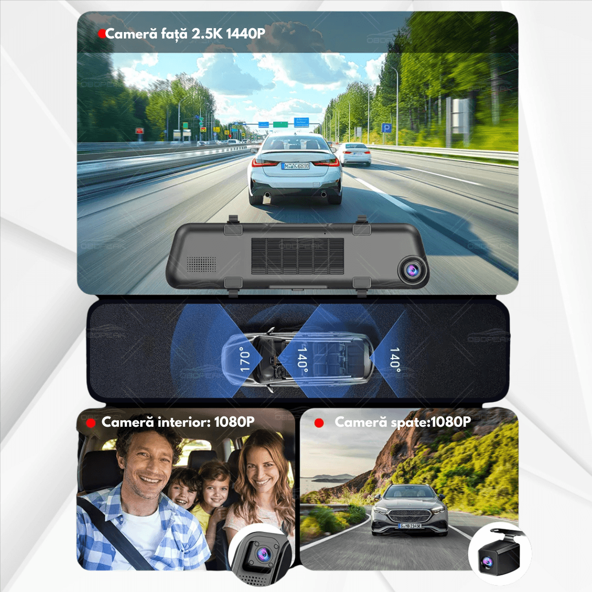 Camera de bord Auto tip Oglinda - Dasbo®, Navigatie Auto cu 3 Camere, Fata 2K + spate si interior 1080P, Carplay - imagine 2