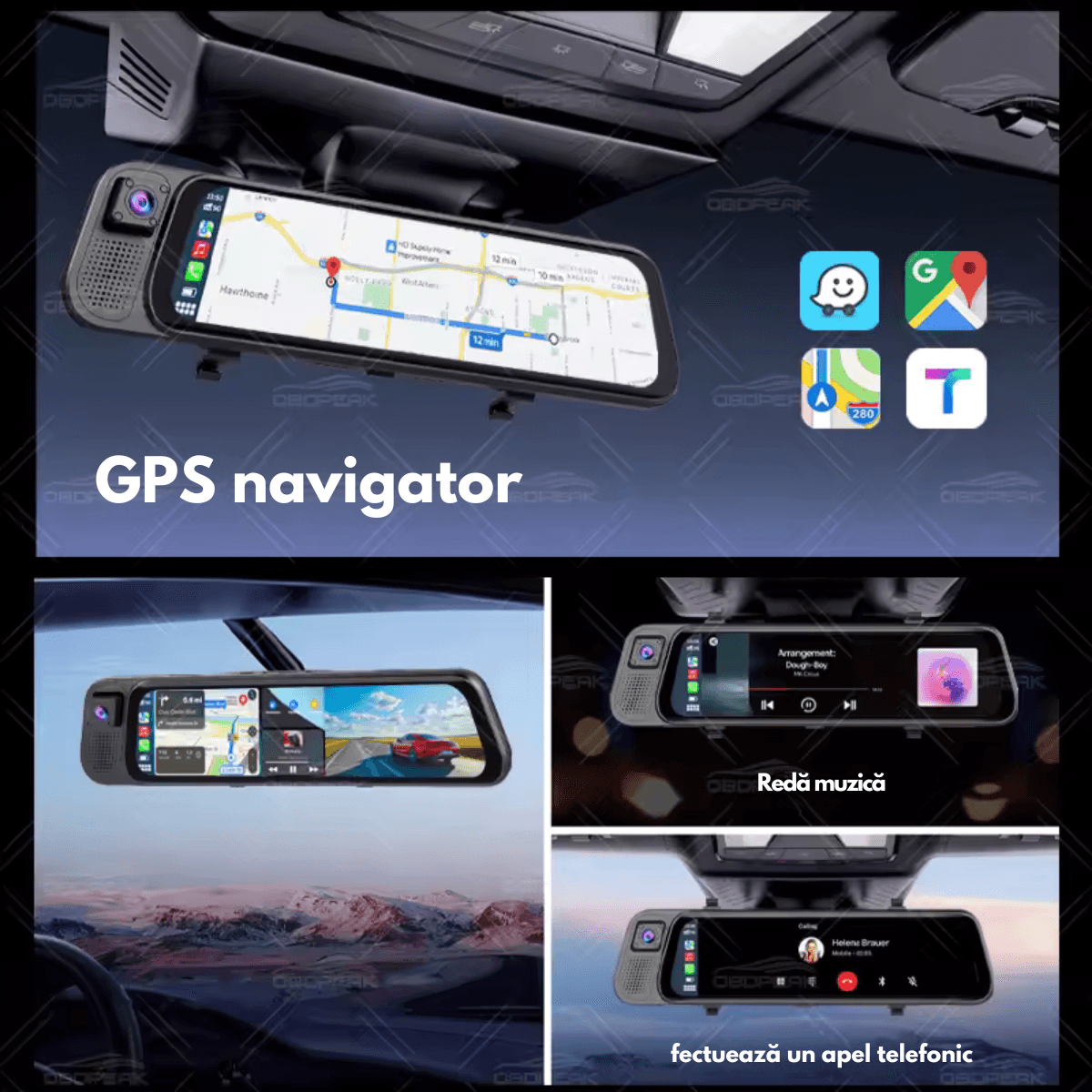 Camera de bord Auto tip Oglinda - Dasbo®, Navigatie Auto cu 3 Camere, Fata 2K + spate si interior 1080P, Carplay - imagine 4