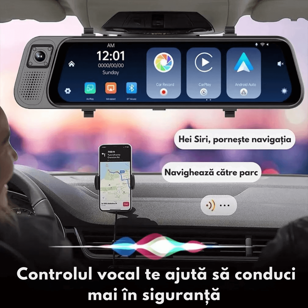 Camera de bord Auto tip Oglinda - Dasbo®, Navigatie Auto cu 3 Camere, Fata 2K + spate si interior 1080P, Carplay - imagine 6