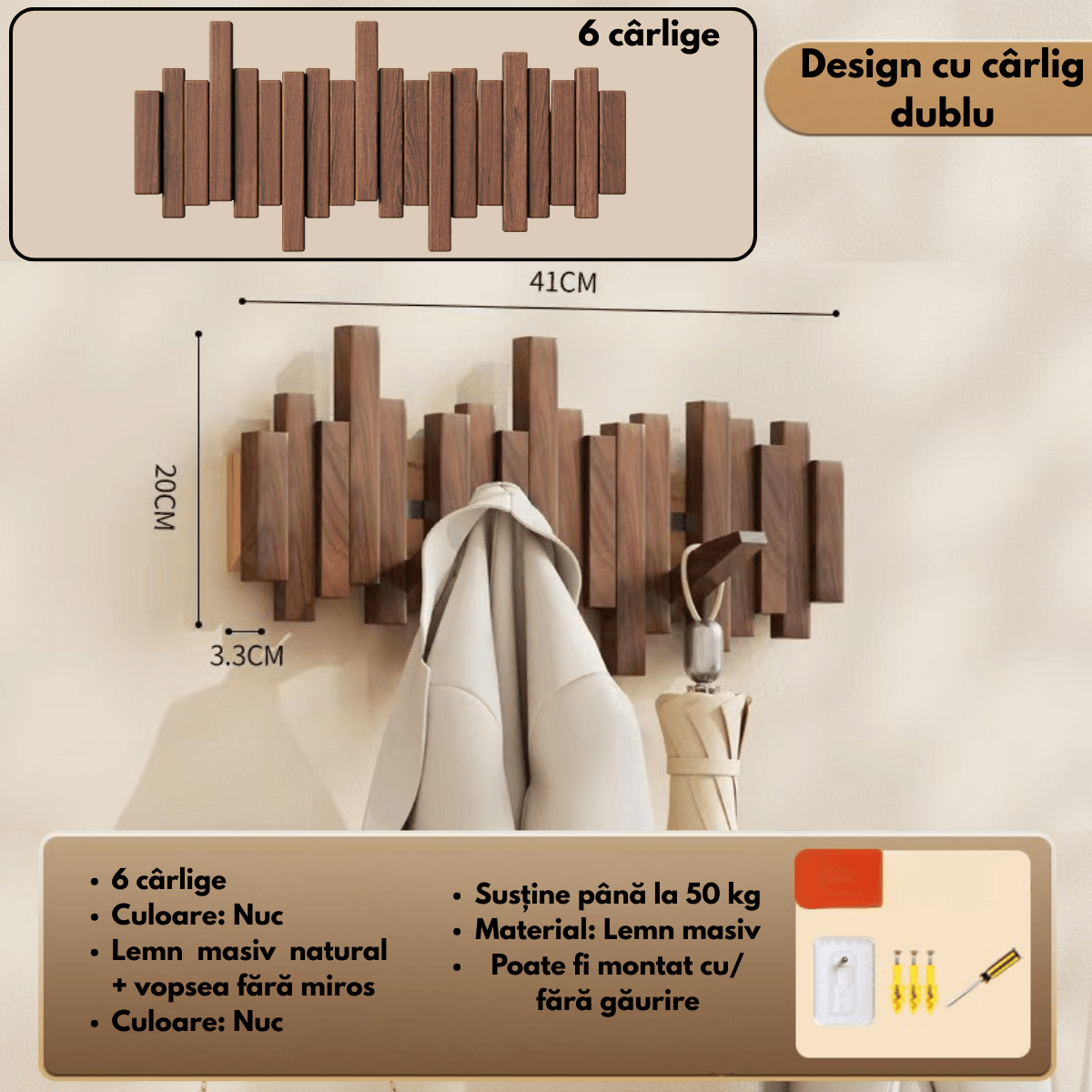 Cuier – Suport perete pentru Haine din Lemn Masiv cu 6 Carlige Ascunse, Design Modern - Montaj Usor, 41x20 CM — imaginea 7