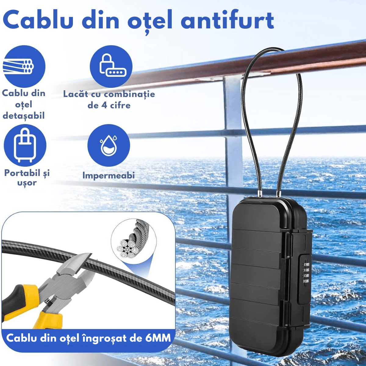 Seif Portabil Antifurt cu Cod Numeric, Dasbo®, Caseta de Valori Impermeabila cu sistem de blocare, Cablu de siguranta