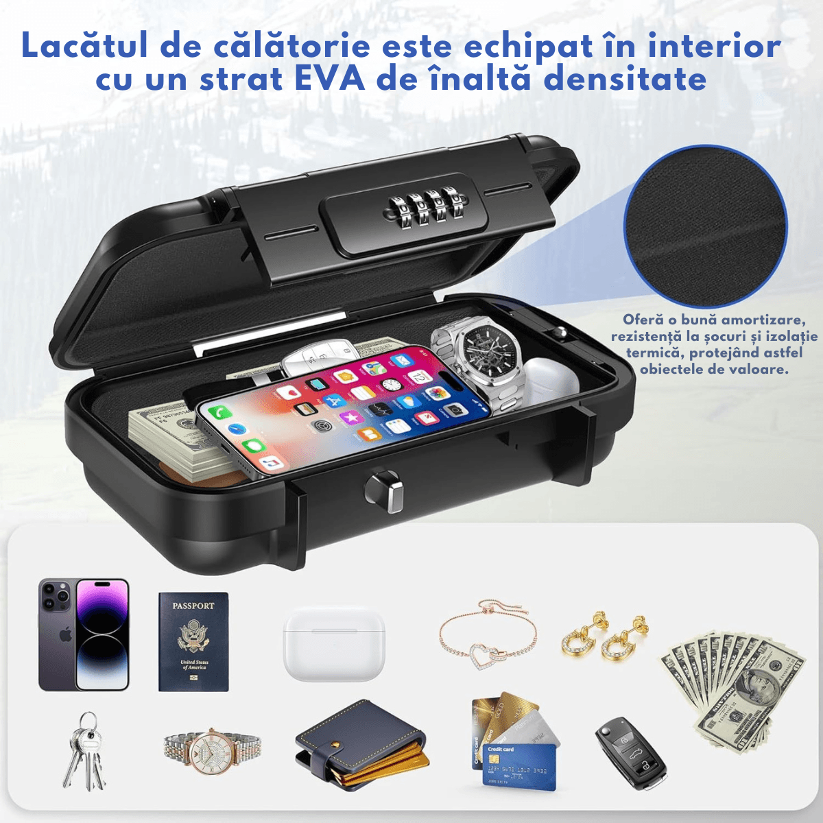 Seif Portabil Antifurt cu Cod Numeric, Dasbo®, Caseta de Valori Impermeabila cu sistem de blocare, Cablu de siguranta