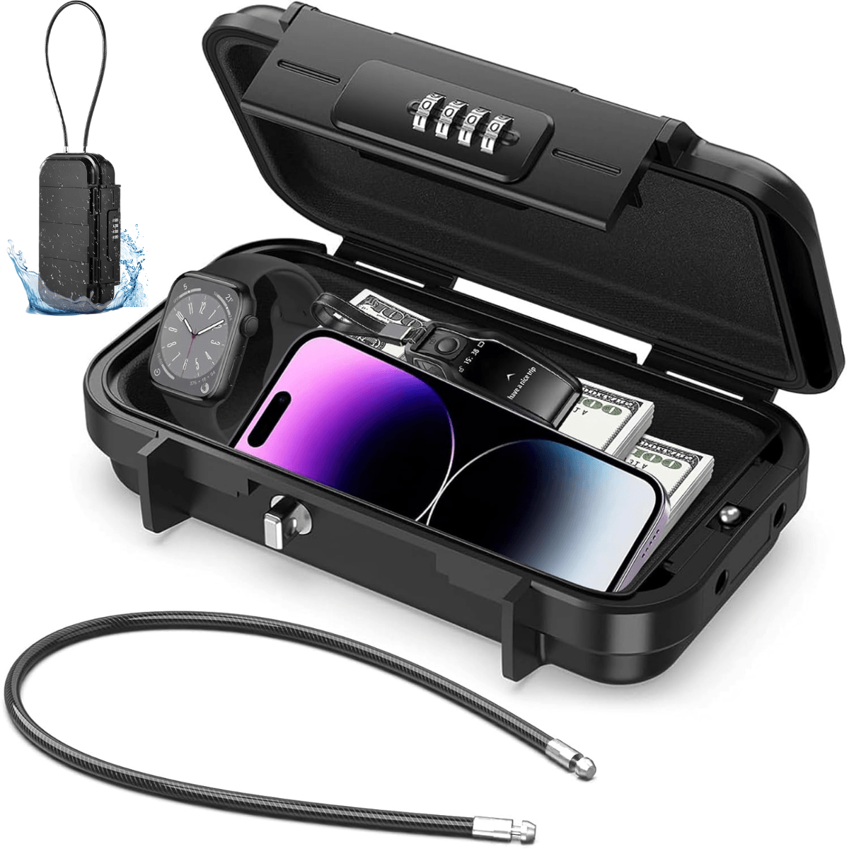 Seif Portabil Antifurt cu Cod Numeric, Dasbo®, Caseta de Valori Impermeabila cu sistem de blocare, Cablu de siguranta