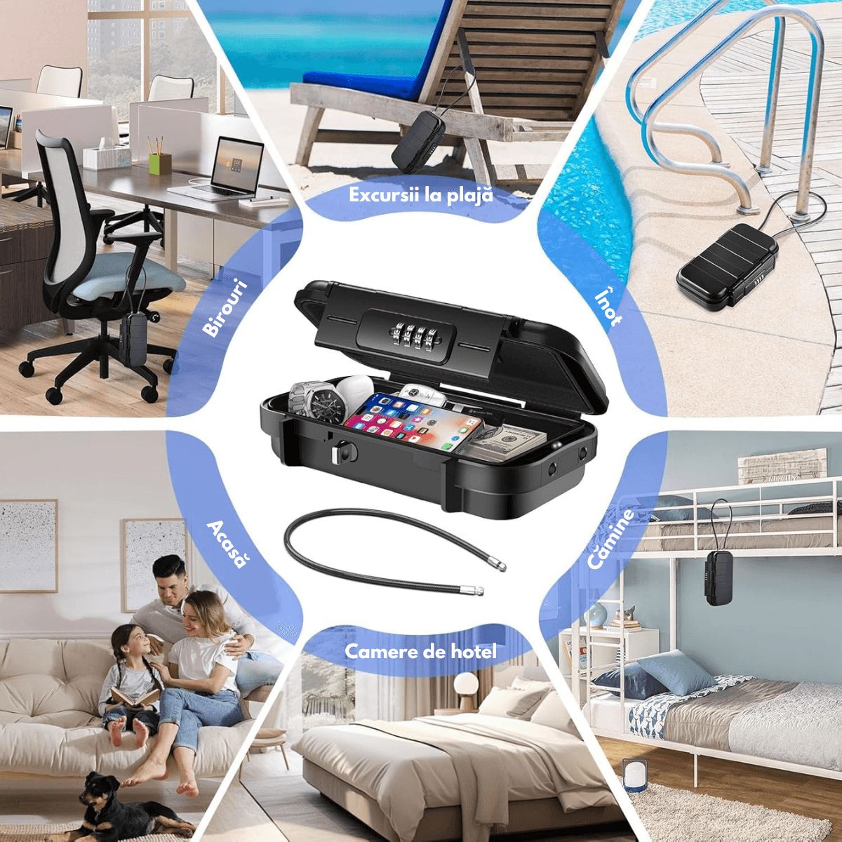 Seif Portabil Antifurt cu Cod Numeric, Dasbo®, Caseta de Valori Impermeabila cu sistem de blocare, Cablu de siguranta