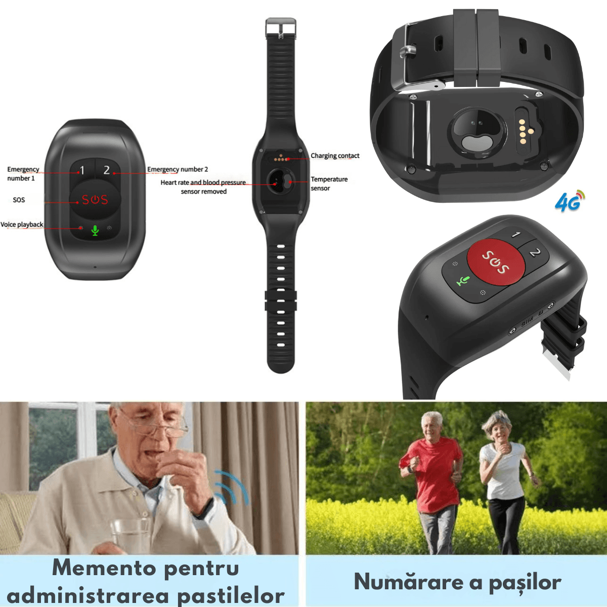Bratara inteligenta 4G cu buton de panica pentru varstnici, Ceas Smart GPS pentru seniori cu buton SOS, monitorizare - imagine 5