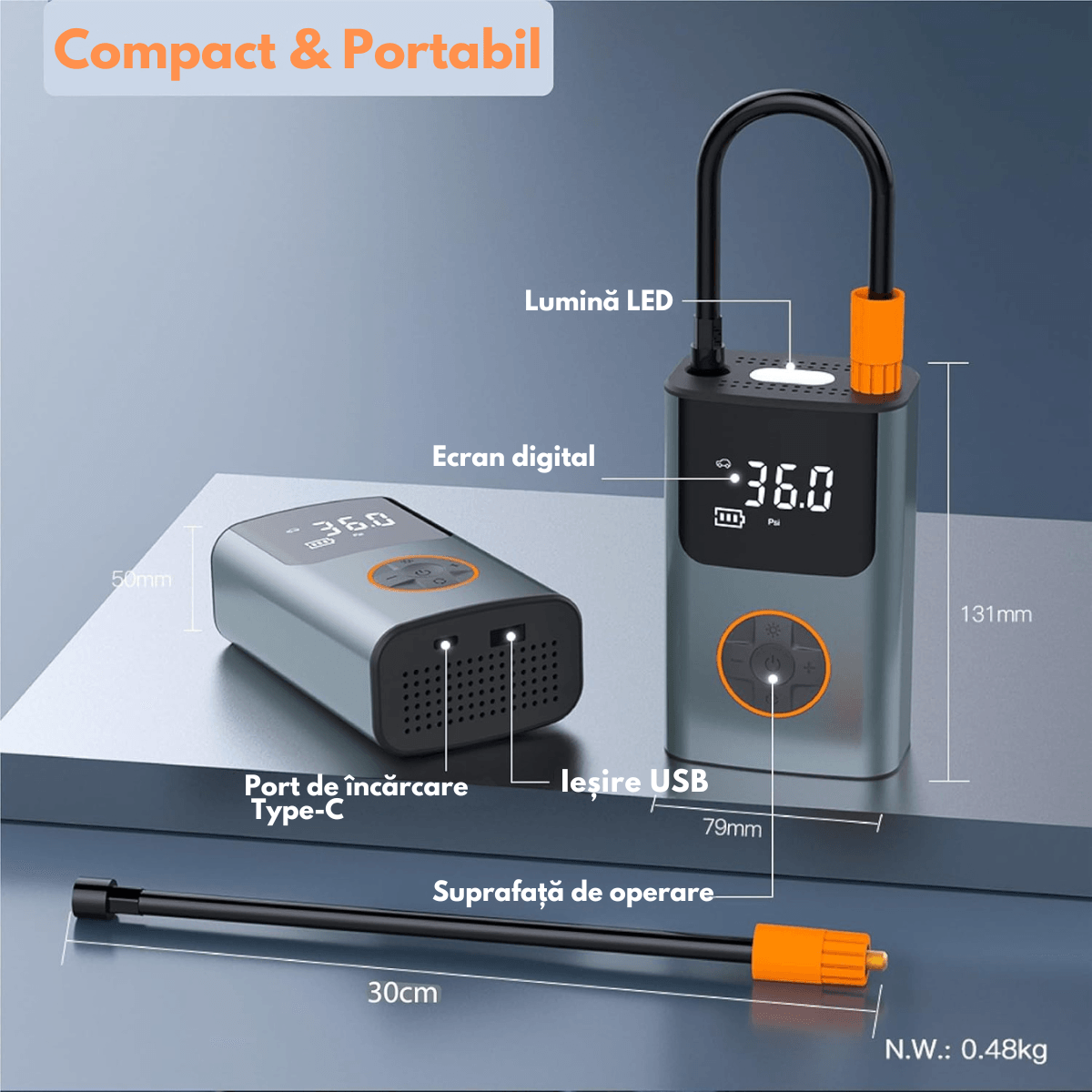 Compresor de Aer Portabil 6-in-1, Pompa Auto Multifunctionala, Bicicleta, Motocicleta si Mingi, cu Baterie 5200mAh