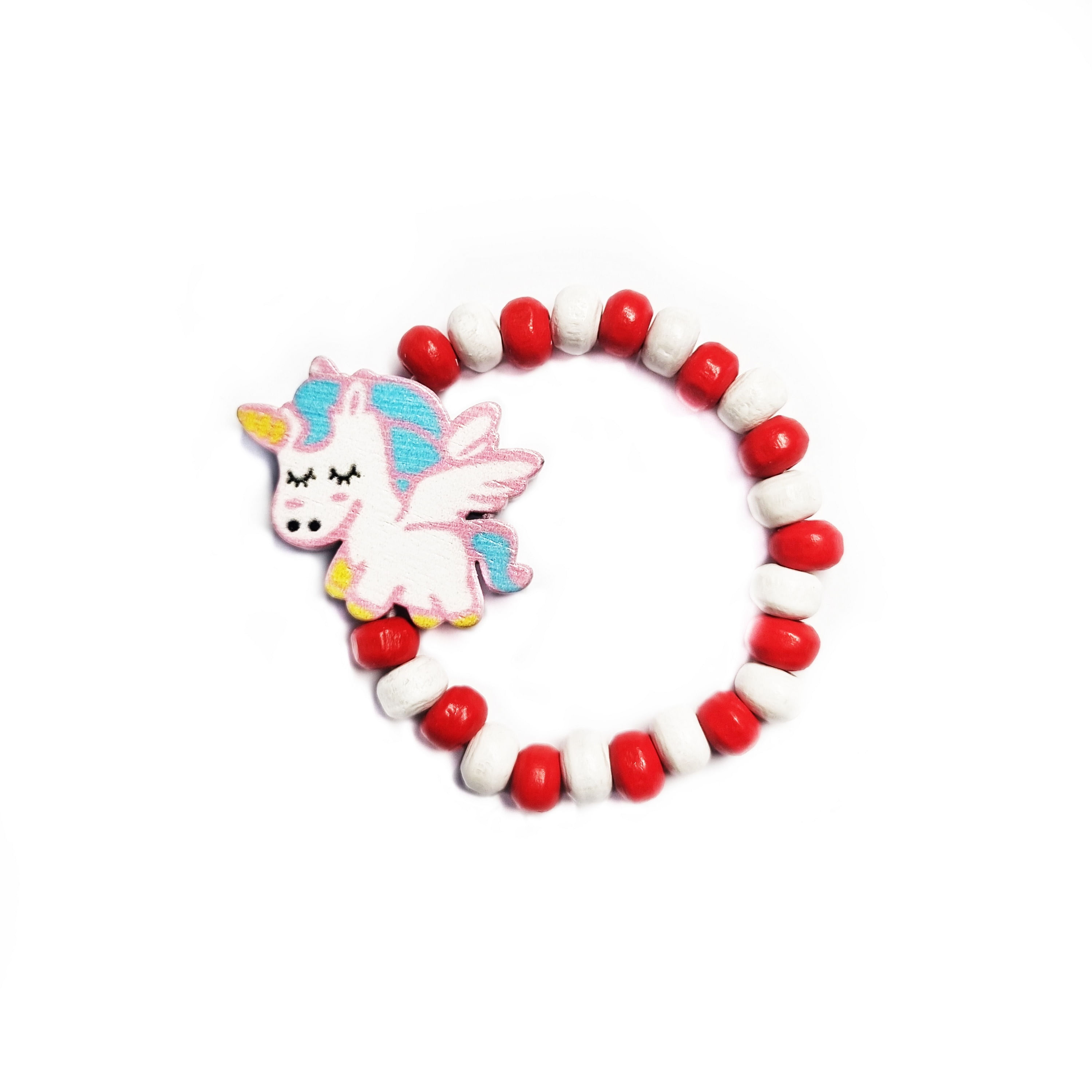 Bratara copii elastica, cu charm unicorn zburator si margelute din lemn, model 1 - imagine 2