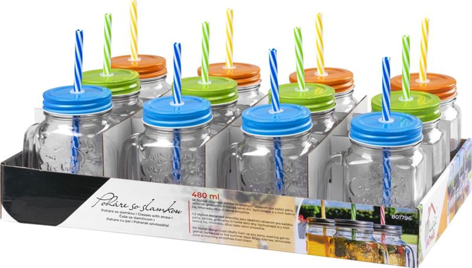 Set 12 bucati pahare sticla cu pai si capac pentru servire bauturi, capacitate 480ml