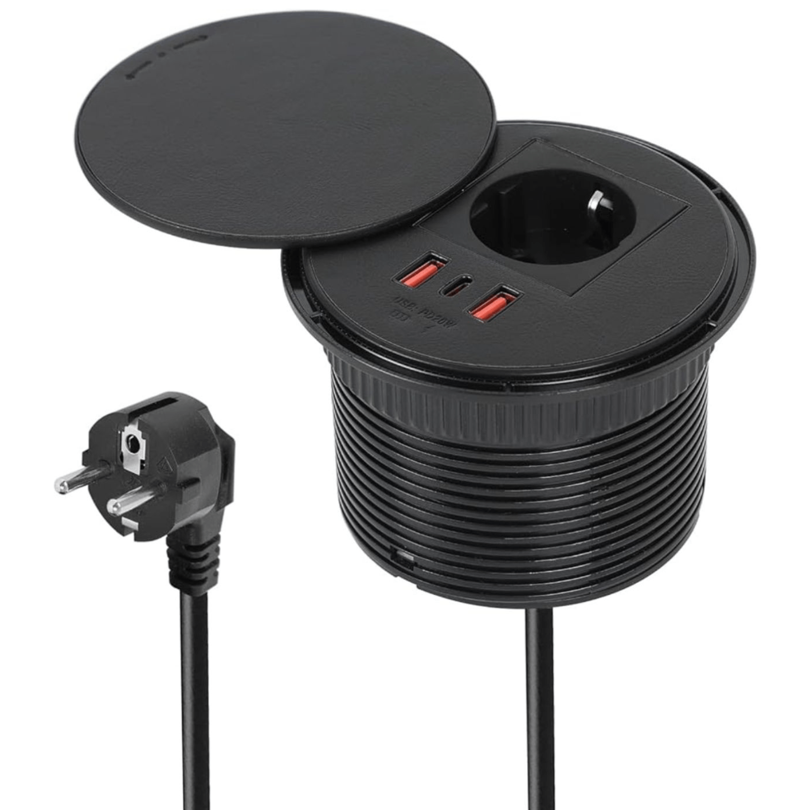 Priza Incorporabila, Adsinio, 1 Schuko, 2 USB-A, 1 USB-C, Cablu de 1.6m, 230V, 16A, 4000W, Negru