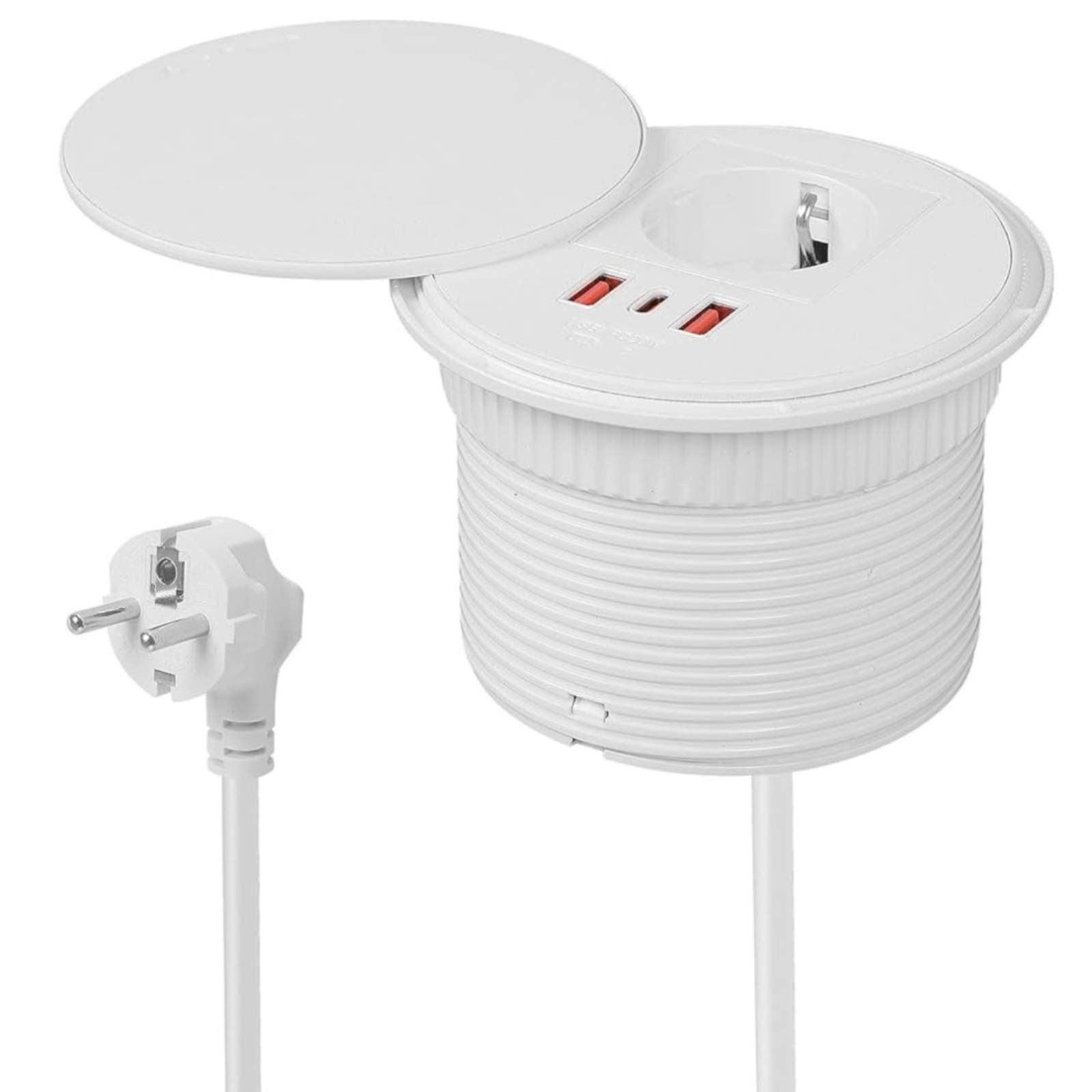 Priza Incorporabila Rotunda, Adsinio, 1 Schuko, 2 USB-A, 1 USB-C, Cablu de 1.6m, 230V, 16A, 4000W, Alb