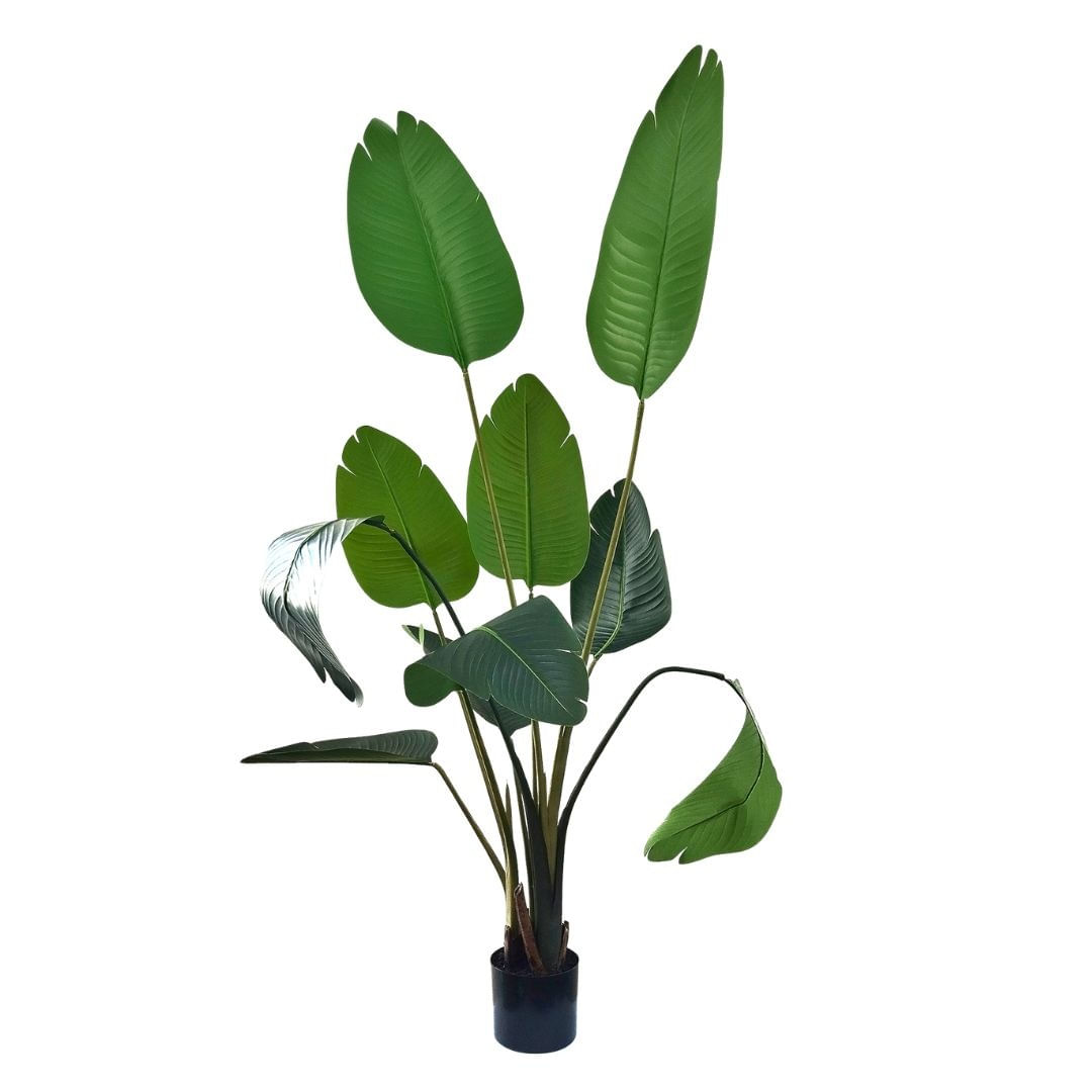 Planta artificiala Strelitzia 160 cm - Pasarea Paradisului - cu 10 frunze verzi cu detalii realiste, in ghiveci negru