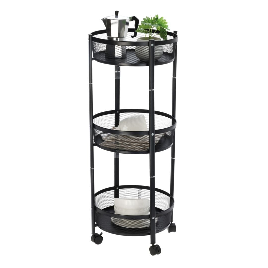 Carucior de depozitare cu 3 cosuri rotunde din plasa metalica – Mobil cu roti, culoare negru Ø37x88 cm — imaginea 3