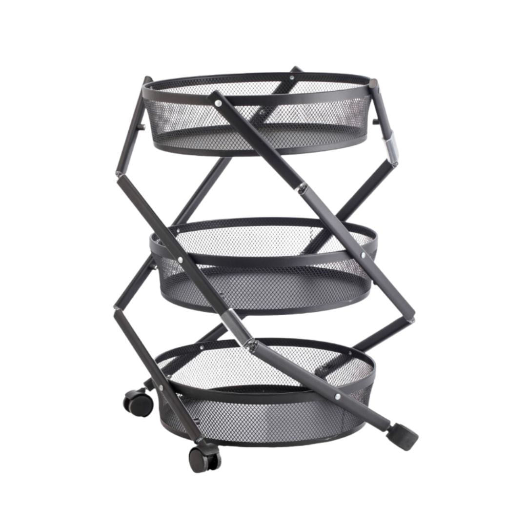 Carucior de depozitare cu 3 cosuri rotunde din plasa metalica – Mobil cu roti, culoare negru Ø37x88 cm — imaginea 5