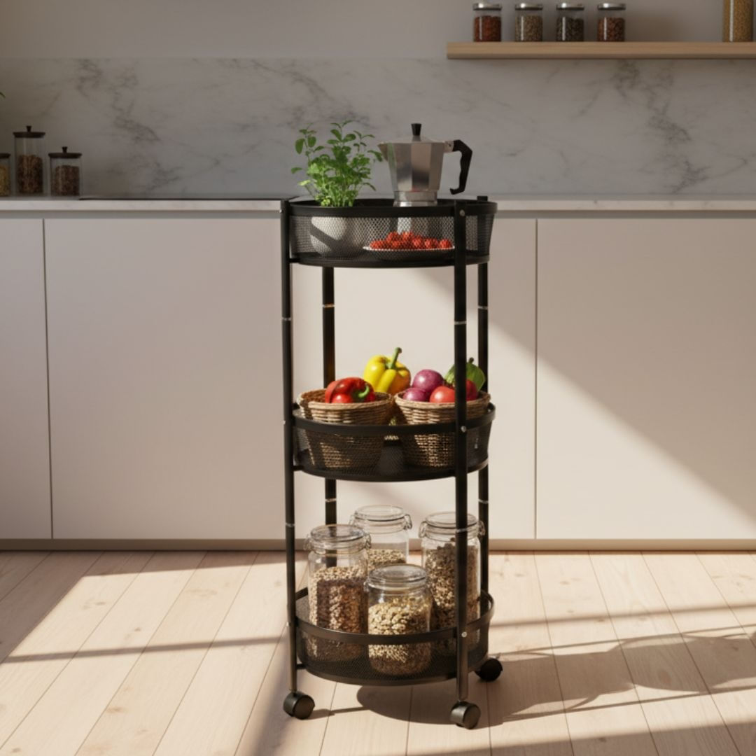 Carucior de depozitare cu 3 cosuri rotunde din plasa metalica – Mobil cu roti, culoare negru Ø37x88 cm — imaginea 6
