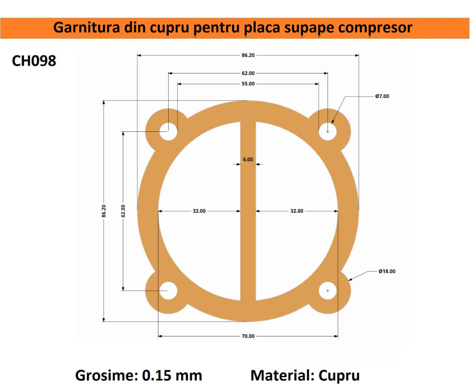 Garnitura din cupru pentru cilindru cap compresor 51-70mm 62x62mm CH098 Mod.21 62mm(D ) — imaginea 3
