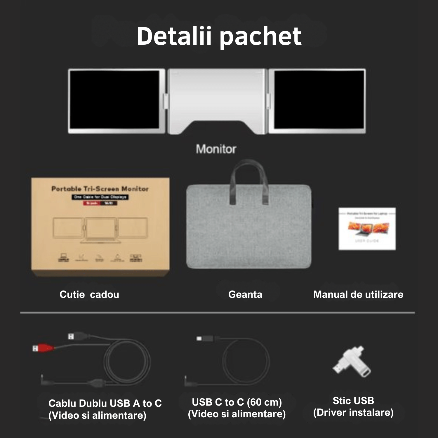 Monitor dual, 16 inch, IPS 1200P 16:10, HDR, Plug & Play, ecrane rotative 360° cu auto-rotire, USB-C/HDMI, geanta cadou
