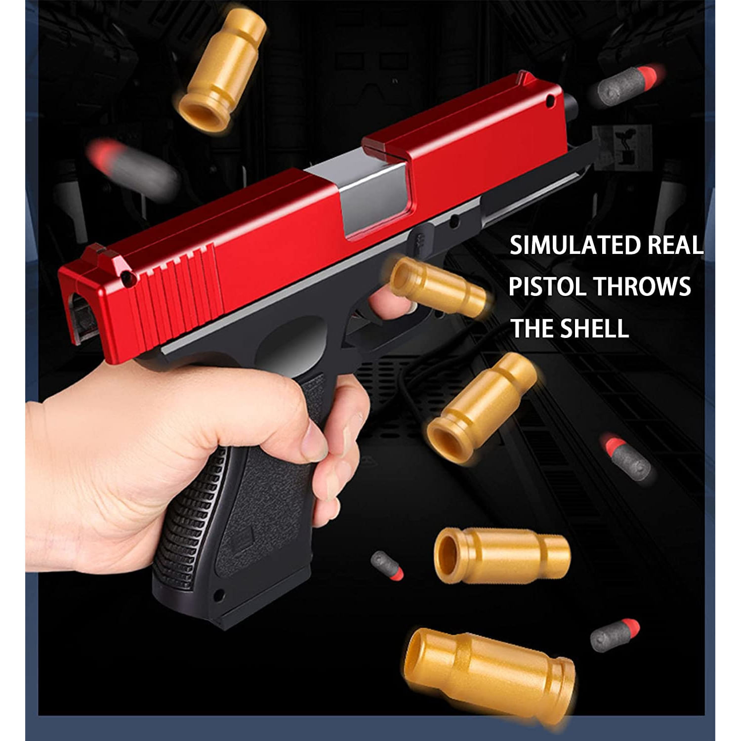 Pistol de jucarie cu gloante moi, Incarcare manuala, Ejectarea carcasei goale, Negru/Rosu - imagine 4