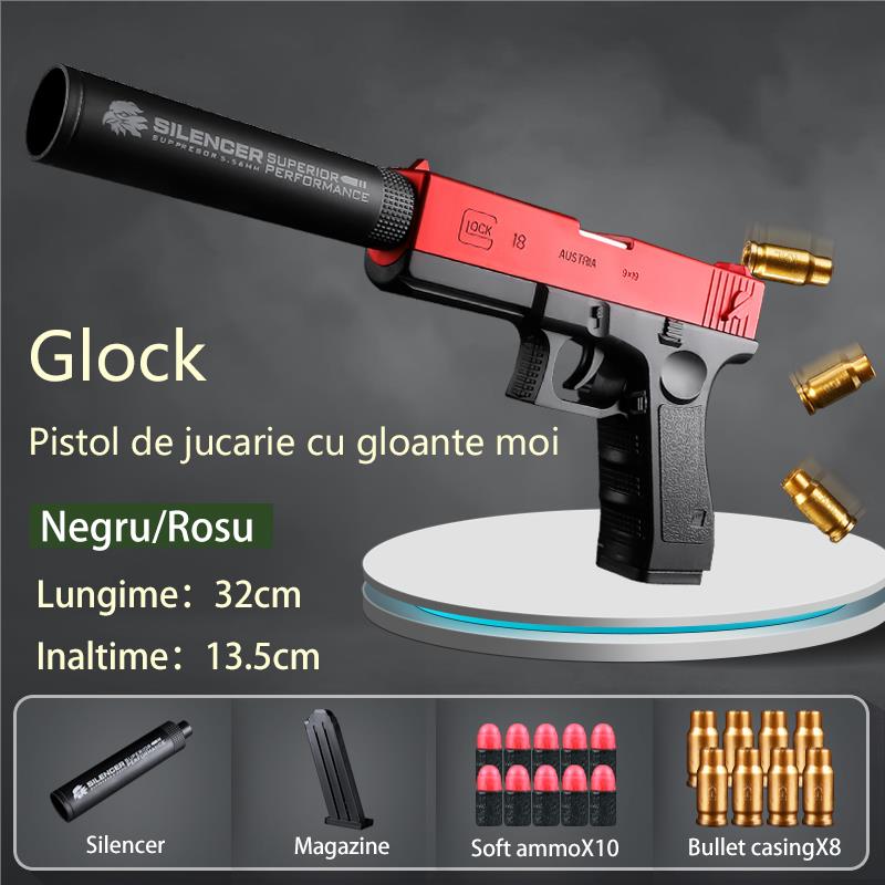 Pistol de jucarie cu gloante moi, Incarcare manuala, Ejectarea carcasei goale, Negru/Rosu - imagine 5