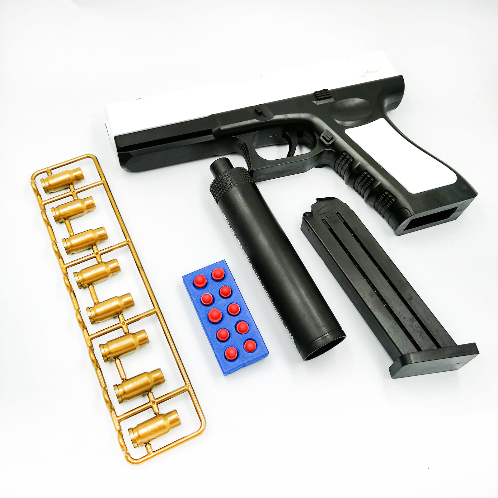 Pistol de jucarie cu gloante moi, incarcare manuala, culoare alb cu negru, incarcatura din burete - imagine 3
