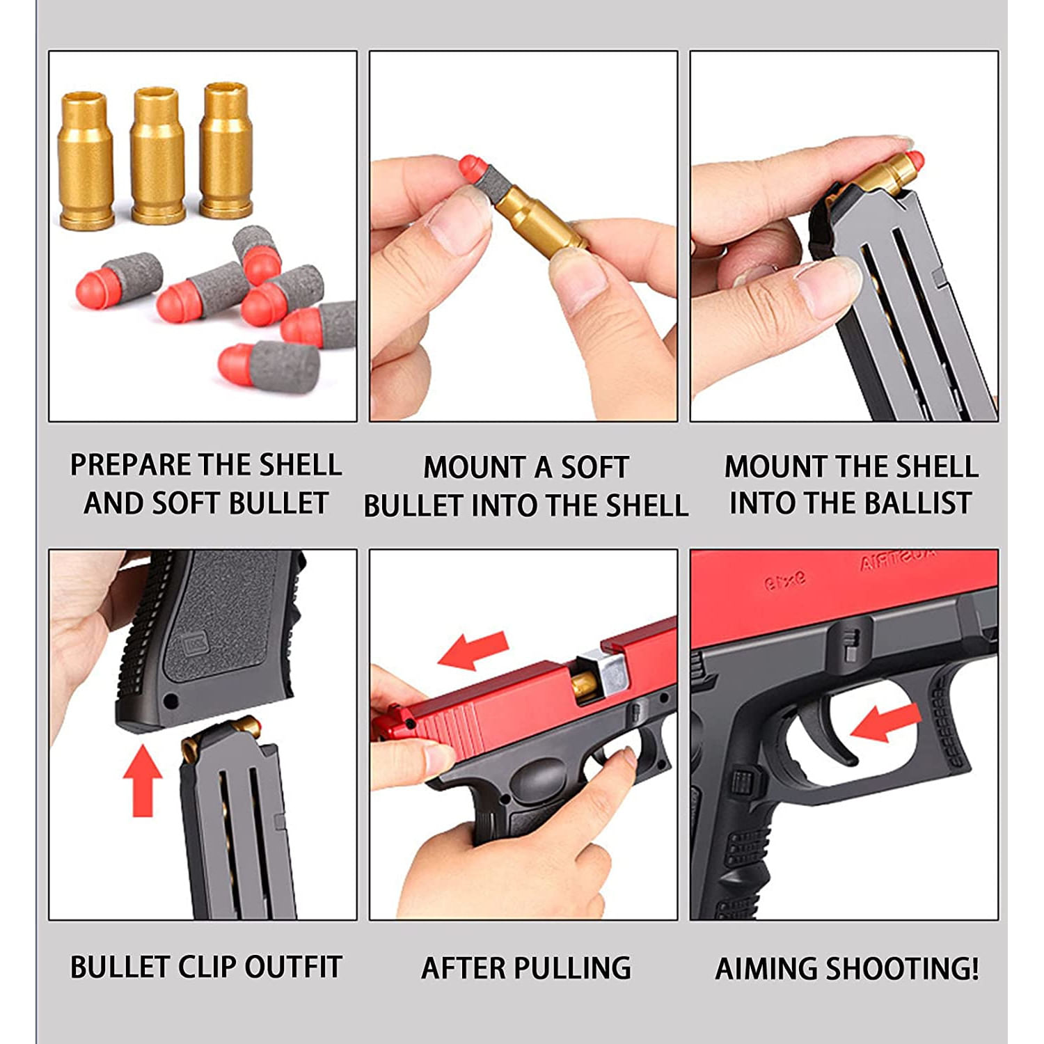 Pistol de jucarie cu gloante moi, Incarcare manuala, Ejectarea carcasei goale, Negru/Rosu - imagine 6