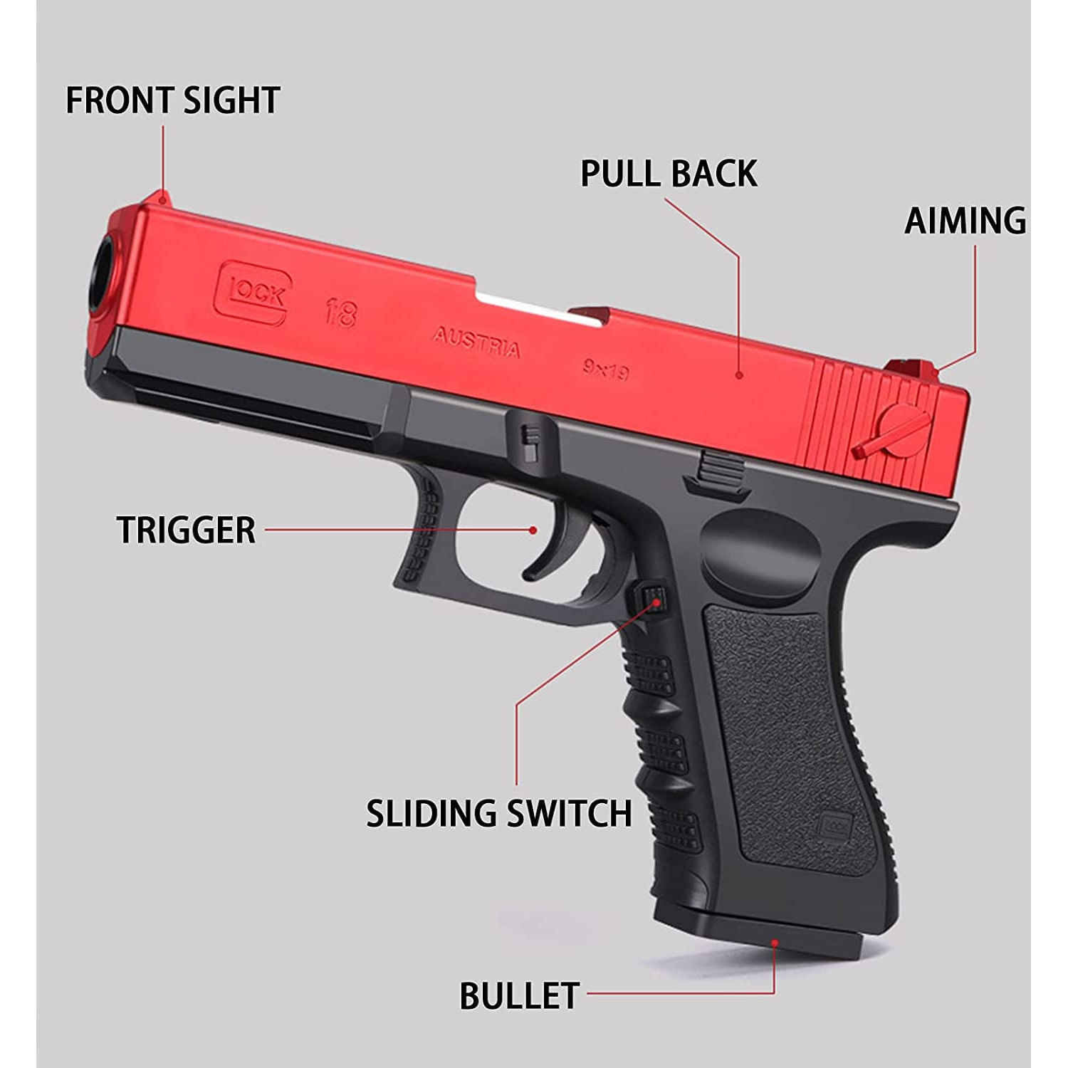 Pistol de jucarie cu gloante moi, Incarcare manuala, Ejectarea carcasei goale, Negru/Rosu - imagine 7