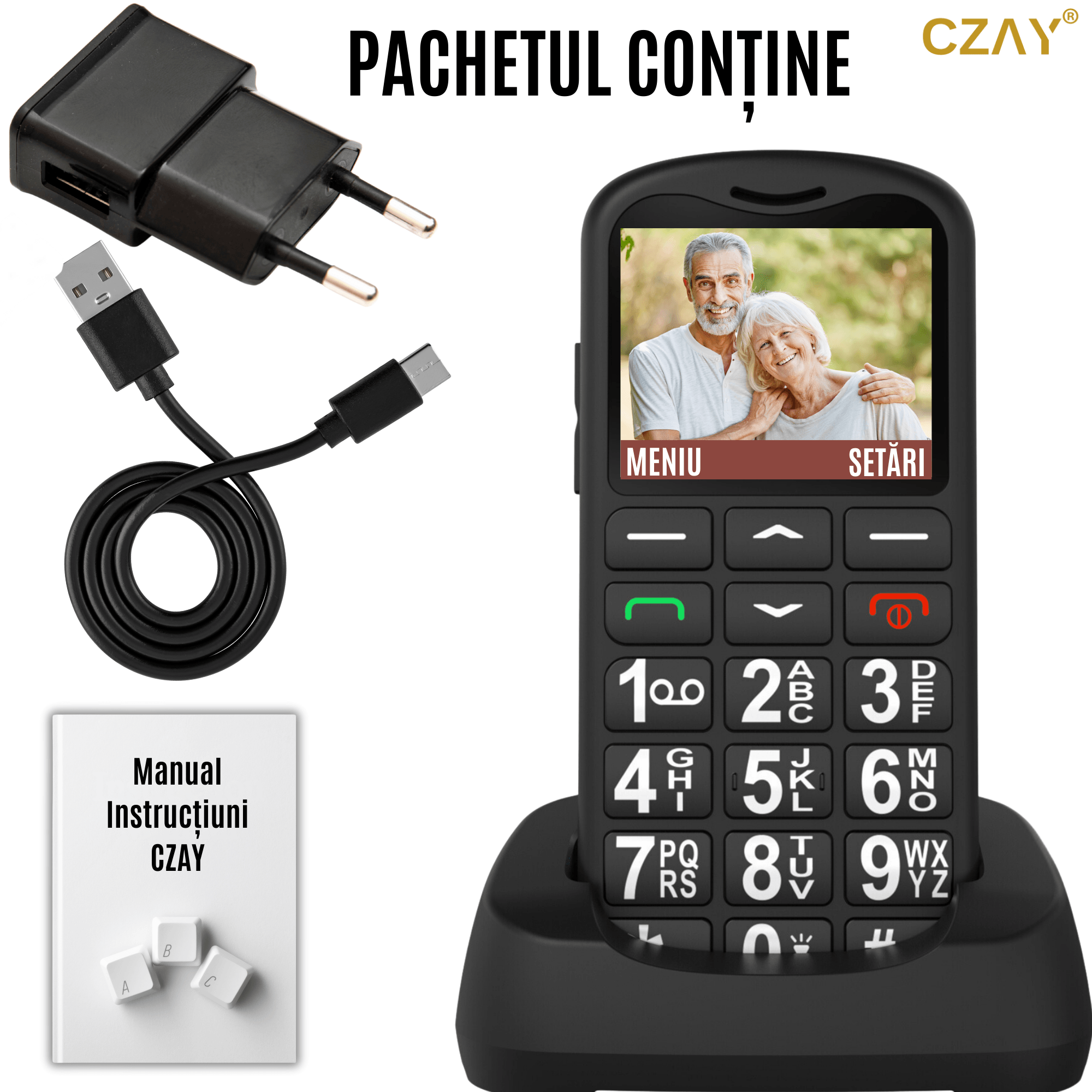 Telefon Mobil pentru Seniori CZAY®, Meniu Romana si Maghiara, Butoane Mari, Autonomie 7 Zile, Volum Mare, Buton SOS, 2G