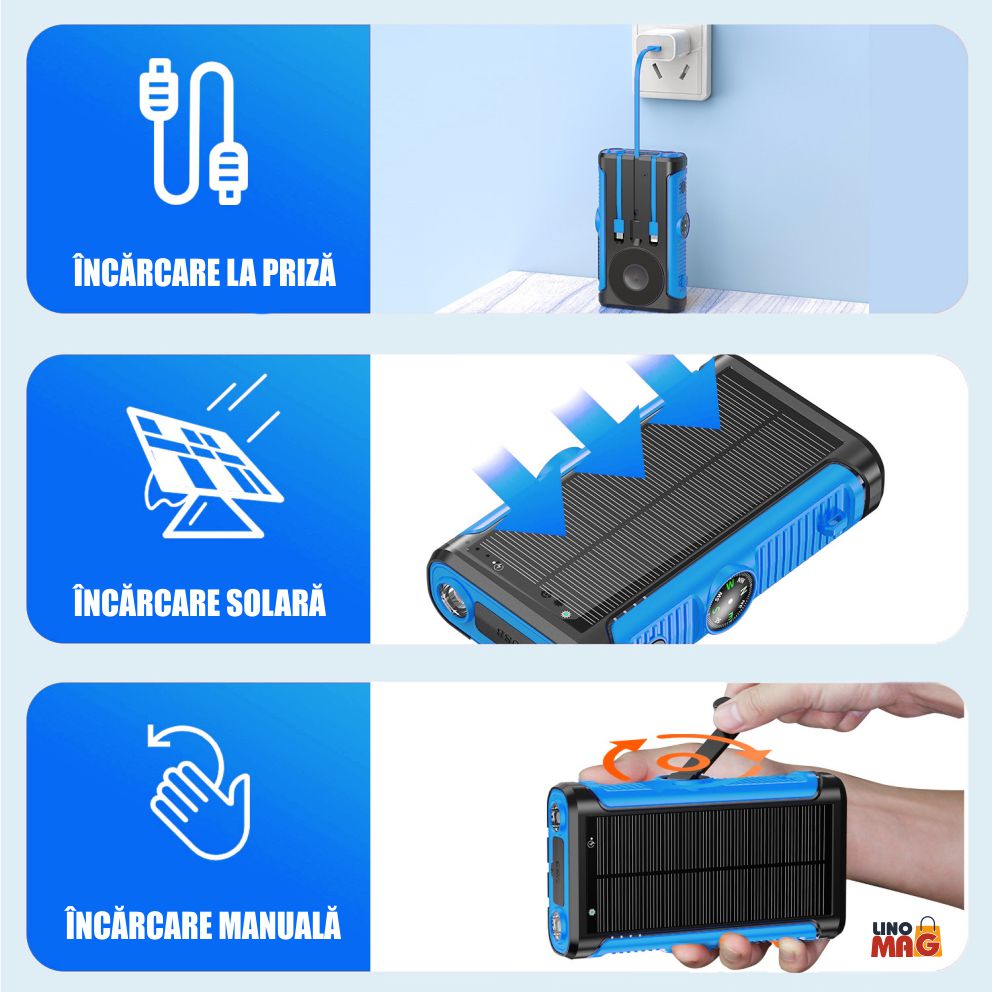 Baterie Externa Solara Linomag®, 20000 mAh, 3 cabluri, 4 porturi, wireless magnetica, Busola & Lanterna, Albastru