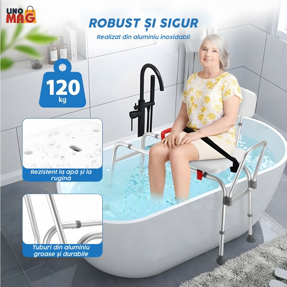 Scaun transfer cada/dus , Linomag®, reglabil 65 cm, sezut culisant cu decupaj, spatar si maner siguranta, Alb - imagine 4
