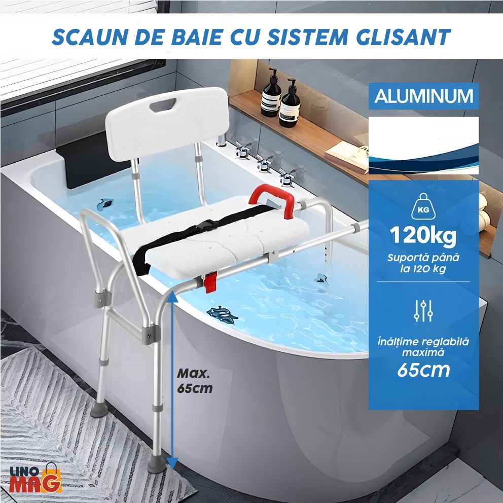 Scaun transfer cada/dus , Linomag®, reglabil 65 cm, sezut culisant cu decupaj, spatar si maner siguranta, Alb - imagine 5