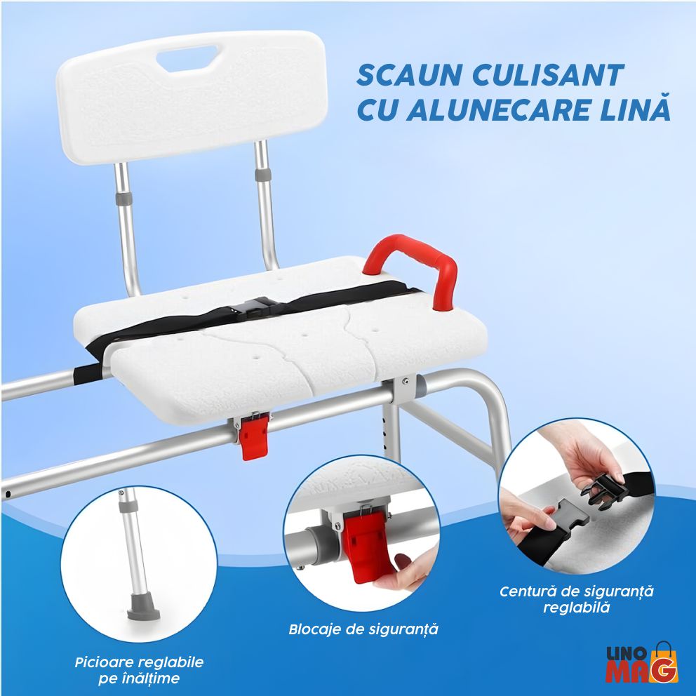 Scaun transfer cada/dus , Linomag®, reglabil 65 cm, sezut culisant cu decupaj, spatar si maner siguranta, Alb - imagine 6