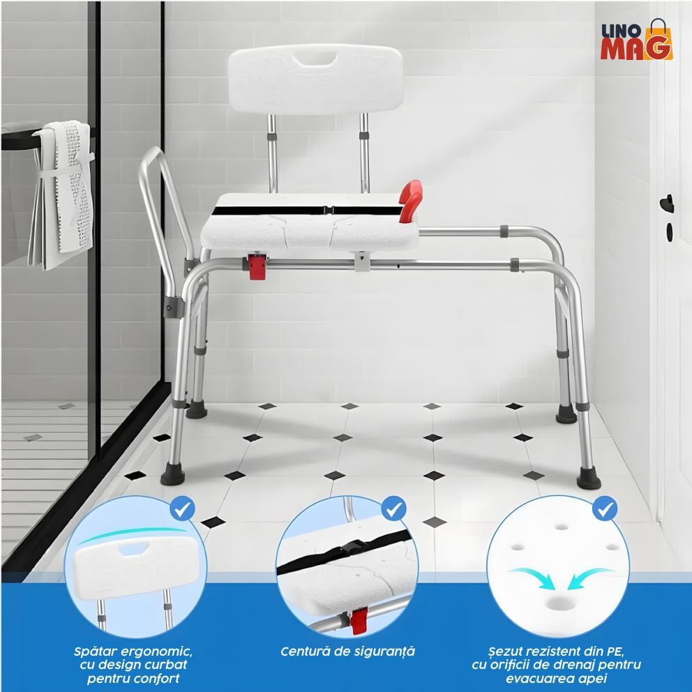 Scaun transfer cada/dus , Linomag®, reglabil 65 cm, sezut culisant cu decupaj, spatar si maner siguranta, Alb - imagine 8