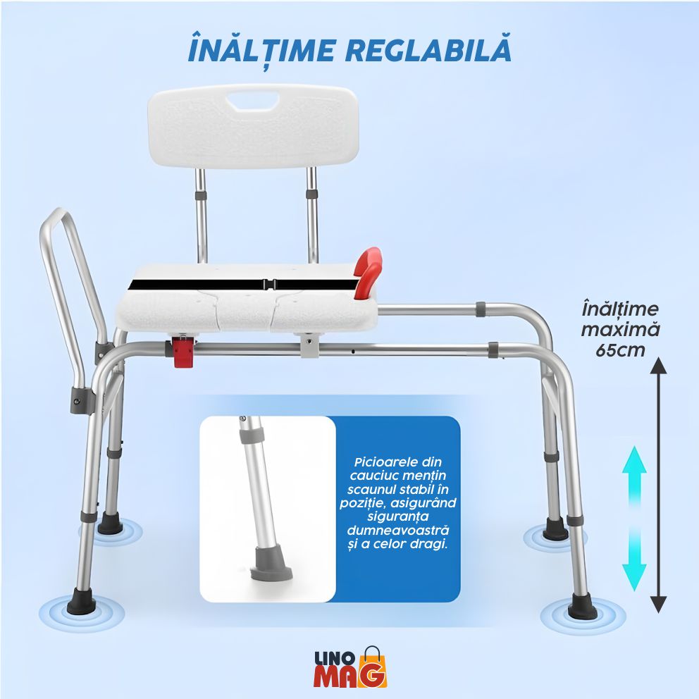 Scaun transfer cada/dus , Linomag®, reglabil 65 cm, sezut culisant cu decupaj, spatar si maner siguranta, Alb - imagine 9
