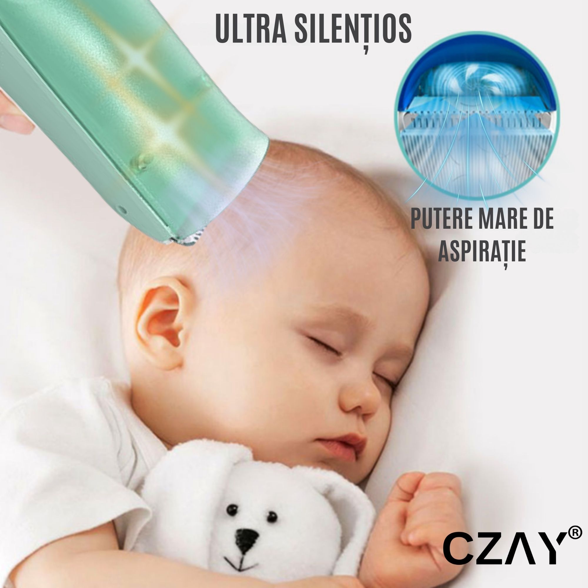 Aparat Tuns Bebelusi Ultra Silentios CZAY®, Aspirare Par, Lame Inox si Ceramica, 2 Trepte Viteza, USB, 2 Piepteni - imagine 4