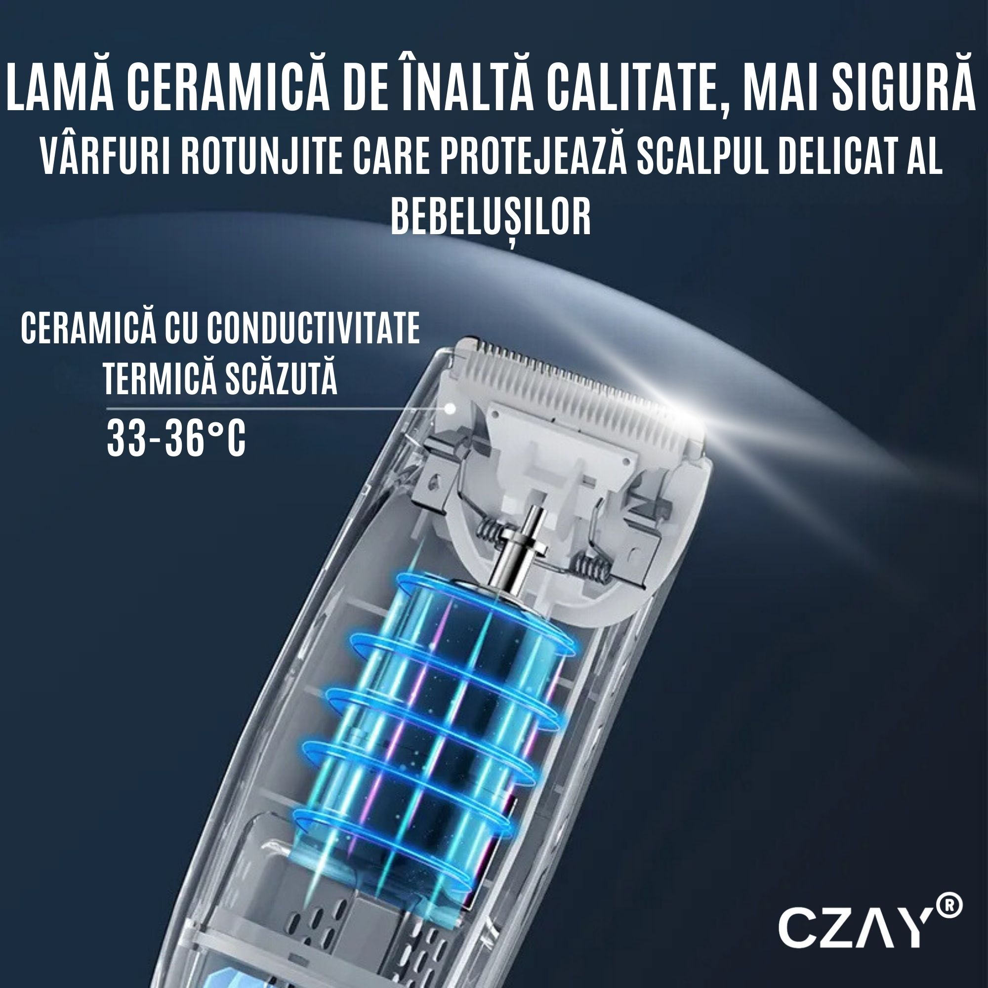 Aparat Tuns Bebelusi Ultra Silentios CZAY®, Aspirare Par, Lame Inox si Ceramica, 2 Trepte Viteza, USB, 2 Piepteni - imagine 6