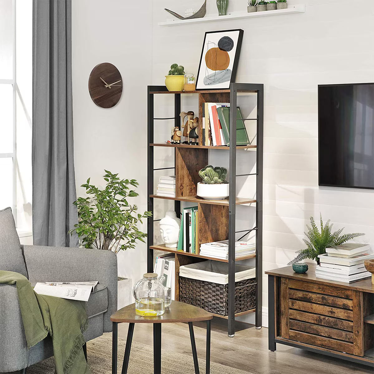 Raft depozitare/biblioteca cu 4 niveluri, Design industrial, 74 x 30 x 154 cm — imaginea 3