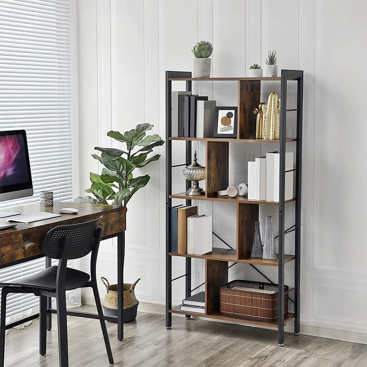 Raft depozitare/biblioteca cu 4 niveluri, Design industrial, 74 x 30 x 154 cm — imaginea 4