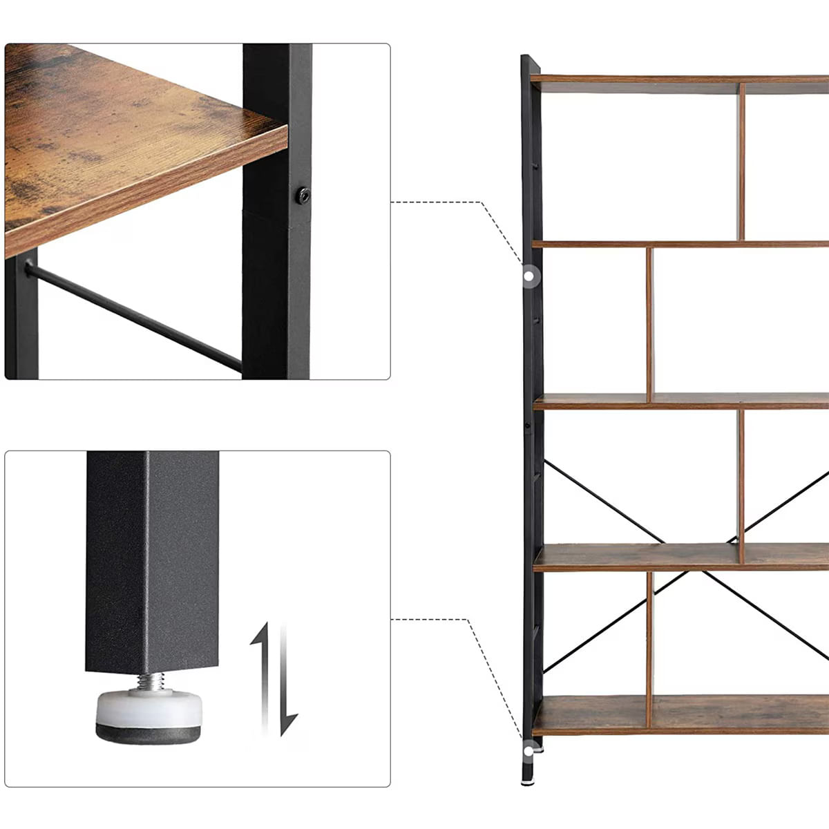 Raft depozitare/biblioteca cu 4 niveluri, Design industrial, 74 x 30 x 154 cm — imaginea 6